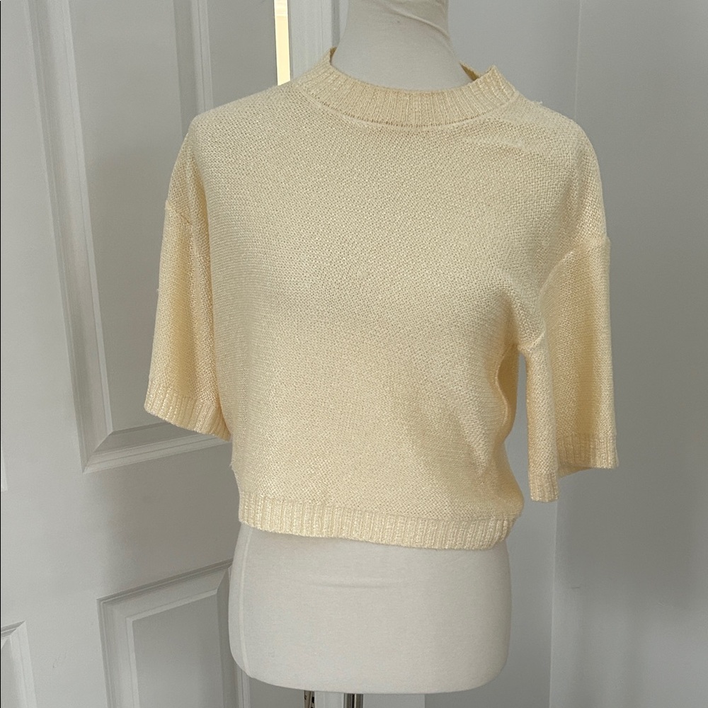 Anthropologie Worn Cream Short Sleeve Knit Crop Top